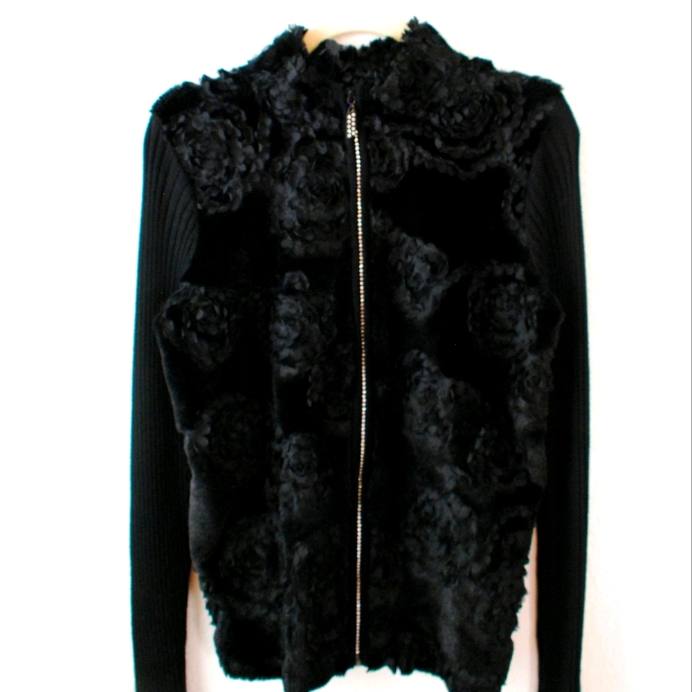Fontana Black Full Rhinestonel Zip Jacket with Embroidered Flowers